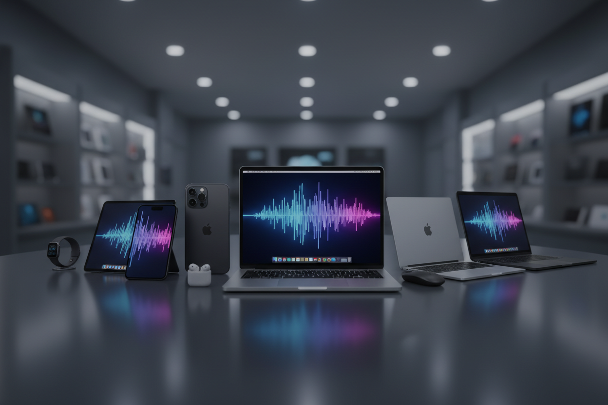 slider image for shop that sold apple products and regular laptops with overlay so the white writing shown and don't add any writing